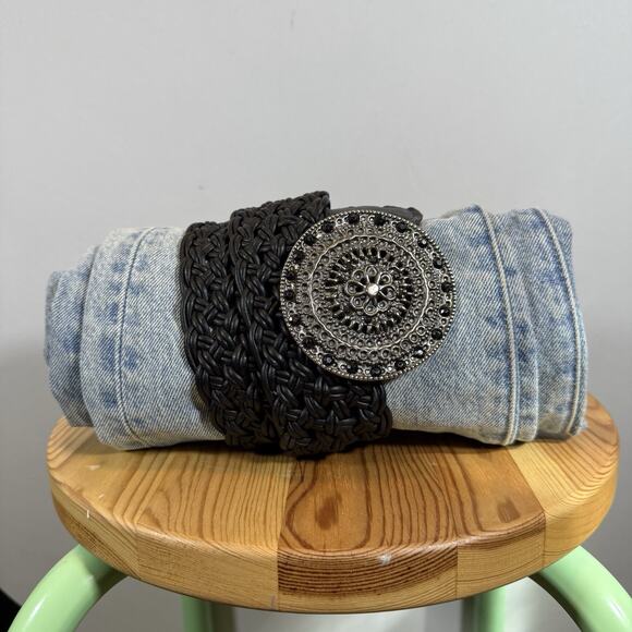 Vintage Braided Leather Medallion Boho Wide Layering Belt - Black Wms Medium - Picture 1 of 8